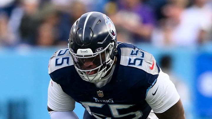 Tennessee Titans offensive tackle JC Latham in his stance against the Minnesota Vikings. Tennessee Titans offensive tackle JC Latham in his stance against the Minnesota Vikings.