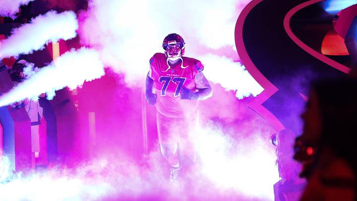 Nov 20, 2025; Houston, Texas, USA; Houston Texans offensive tackle Trent Brown (77) is introduced before playing against the Buffalo Bills at NRG Stadium. Mandatory Credit: Thomas Shea-Imagn Images Nov 20, 2025; Houston, Texas, USA; Houston Texans offensive tackle Trent Brown (77) is introduced before playing against the Buffalo Bills at NRG Stadium. Mandatory Credit: Thomas Shea-Imagn Images