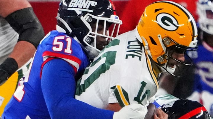 Green Bay Packers quarterback Jordan Love is sacked during the 2023 game at the Giants.