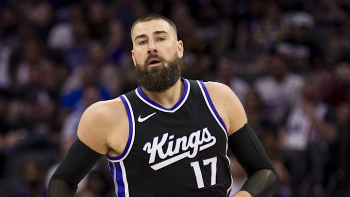 Apr 13, 2025; Sacramento, California, USA;  Sacramento Kings center Jonas Valanciunas (17) runs down the court during the fourth quarter against the Phoenix Suns at Golden 1 Center. Mandatory Credit: John Hefti-Imagn Images