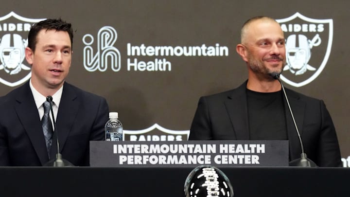 Feb 10, 2026; Henderson, NV, USA; Las Vegas Raiders coach Klint Kubiak (left) and general manager John Spytek at introductory press conference at Intermountain Health Performance Center. Mandatory Credit: Kirby Lee-Imagn Images Feb 10, 2026; Henderson, NV, USA; Las Vegas Raiders coach Klint Kubiak (left) and general manager John Spytek at introductory press conference at Intermountain Health Performance Center. Mandatory Credit: Kirby Lee-Imagn Images
