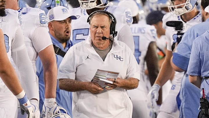 Sep 6, 2025; Charlotte, North Carolina, USA;  North Carolina Tar Heels head coach Bill Belichick during the first quarter against the Charlotte 49ers at Jerry Richardson Stadium. Mandatory Credit: Jim Dedmon-Imagn Images
