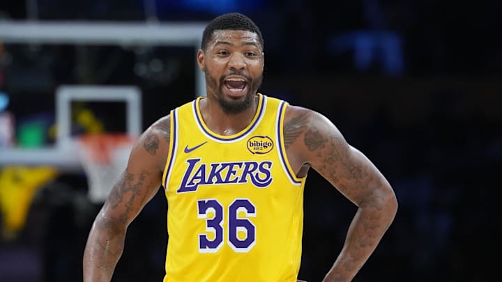 Mar 6, 2026; Los Angeles, California, USA; Los Angeles Lakers guard Marcus Smart (36) reacts against the Indiana Pacers in the second half at Crypto.com Arena. Mandatory Credit: Kirby Lee-Imagn Images