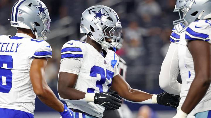 Dallas Cowboys RB Phil Mafah celebrates with teammates after scoring a touchdown against the Atlanta Falcons. Dallas Cowboys RB Phil Mafah celebrates with teammates after scoring a touchdown against the Atlanta Falcons.