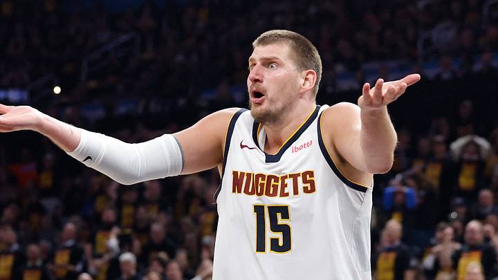 May 5, 2025; Oklahoma City, Oklahoma, USA; Denver Nuggets center Nikola Jokic (15) reacts after a play against the Oklahoma City Thunder during the second half in game one of the second round for the 2025 NBA Playoffs at Paycom Center. Mandatory Credit: Alonzo Adams-Imagn Images