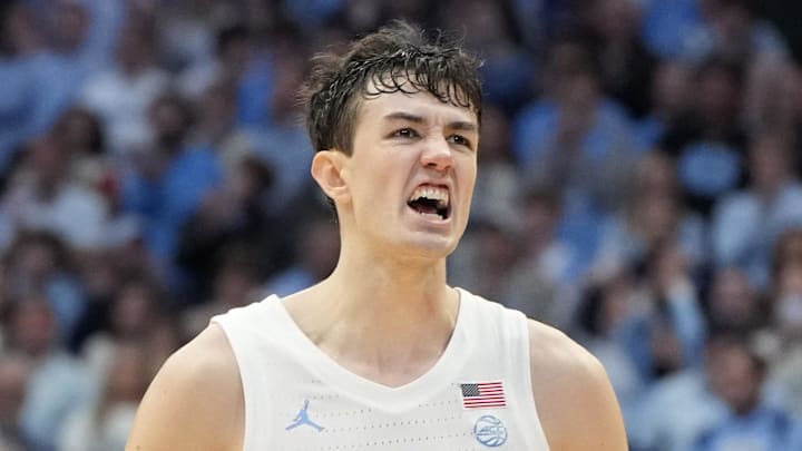 North Carolina Tar Heels guard Cormac Ryan (3) reacts in the second half at Dean E. Smith Center on February 3, 2024.