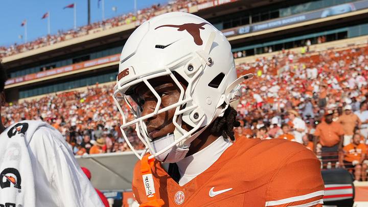 Texas Longhorns wide receiver Cam Coleman (8) walks on field before the game against the Ohio State Buckeyes at Darrell K Royal-Texas Memorial Stadium.  
