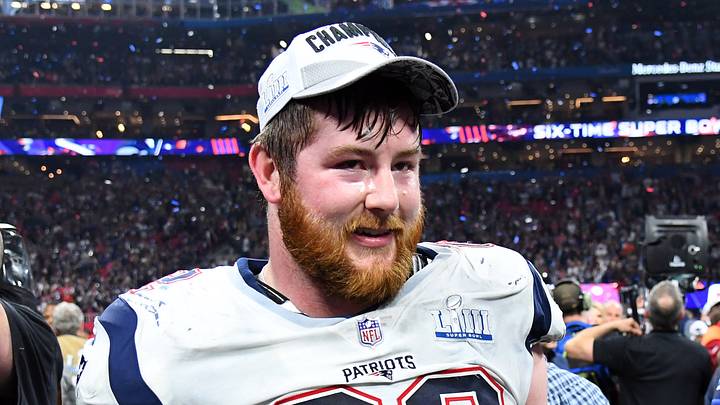 Feb 3, 2019; Atlanta, GA, USA; New England Patriots offensive guard Joe Thuney (62) celebrates after winning Super Bowl LIII against the Los Angeles Rams at Mercedes-Benz Stadium. Mandatory Credit: Christopher Hanewinckel-USA TODAY Sports Feb 3, 2019; Atlanta, GA, USA; New England Patriots offensive guard Joe Thuney (62) celebrates after winning Super Bowl LIII against the Los Angeles Rams at Mercedes-Benz Stadium. Mandatory Credit: Christopher Hanewinckel-USA TODAY Sports