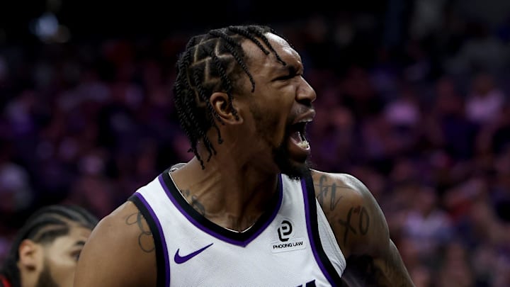 Mar 8, 2026; Sacramento, California, USA; Sacramento Kings guard Malik Monk (0) reacts after dunking the ball against the Chicago Bulls during the first quarter at Golden 1 Center. Mandatory Credit: Dennis Lee-Imagn Images