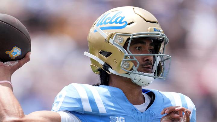 May 2, 2026; Pasadena, CA, USA; UCLA Bruins quarterback Nico Iamaleava (9) throws the ball during the spring game at Rose Bowl. Mandatory Credit: Kirby Lee-Imagn Images