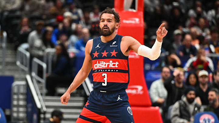 Mar 16, 2026; Washington, District of Columbia, USA; Washington Wizards guard Trae Young (3) on the court against the Golden State Warriors during the first half at Capital One Arena. Mandatory Credit: Brad Mills-Imagn Images