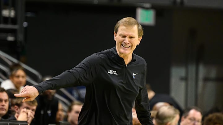 Mar 1, 2025; Eugene, Oregon, USA; Oregon Ducks head coach Dana Altman gestures during the second half against the USC Trojans at Matthew Knight Arena. Mandatory Credit: Craig Strobeck-Imagn Images