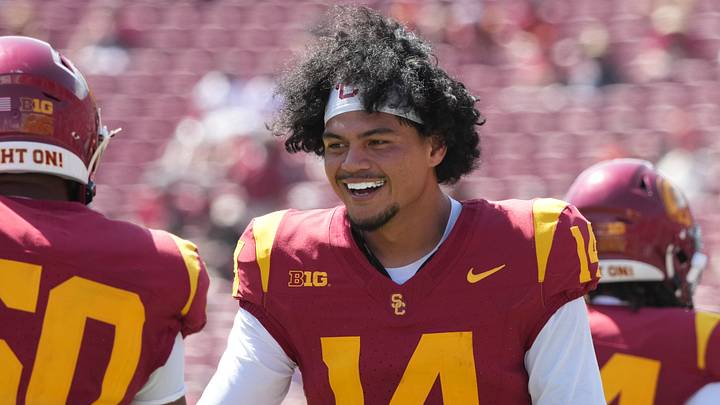 Aug 29, 2026; Los Angeles, California, USA; Southern California Trojans quarterback Jayden Maiava (14) and linebacker Taylor Johnson (50) react in the second half against the San Jose State Spartans at United Airlines Field at Los Angeles Memorial Coliseum. Aug 29, 2026; Los Angeles, California, USA; Southern California Trojans quarterback Jayden Maiava (14) and linebacker Taylor Johnson (50) react in the second half against the San Jose State Spartans at United Airlines Field at Los Angeles Memorial Coliseum.