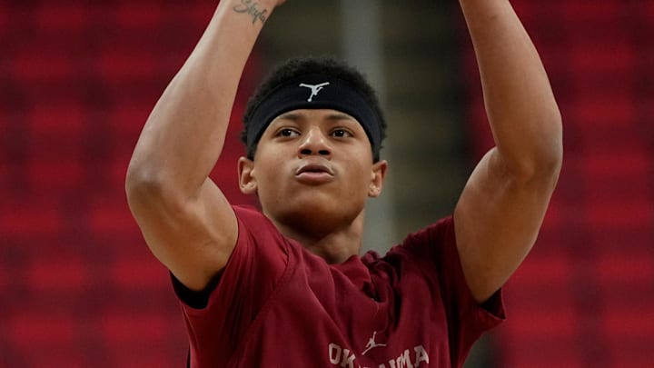 Mar 20, 2025; Raleigh, NC, USA; Oklahoma Sooners guard Jeremiah Fears (0) shoots during practice at Lenovo Center. Mandatory Credit: Bob Donnan-Imagn Images