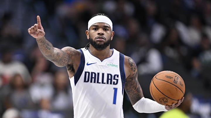 Oct 7, 2024; Dallas, Texas, USA; Dallas Mavericks guard Jaden Hardy (1) brings the ball up court against the Memphis Grizzlies during the first quarter at the American Airlines Center. Mandatory Credit: Jerome Miron-Imagn Images