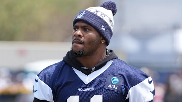 Jul 26, 2025; Oxnard, CA, USA; Dallas Cowboys defensive end Micah Parsons (11) at training camp at the River Ridge Fields. Mandatory Credit: Kirby Lee-Imagn Images