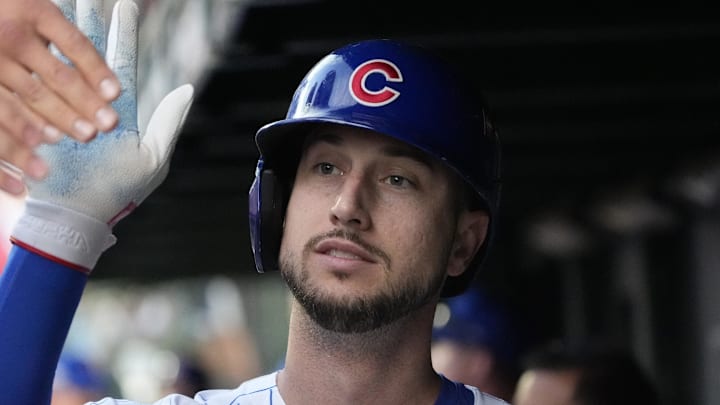 Oct 2, 2025; Chicago, Illinois, USA; Chicago Cubs outfielder Kyle Tucker (30) is greeted in the dugout after scoring against the San Diego Padres during game three of the Wildcard round for the 2025 MLB playoffs at Wrigley Field. Oct 2, 2025; Chicago, Illinois, USA; Chicago Cubs outfielder Kyle Tucker (30) is greeted in the dugout after scoring against the San Diego Padres during game three of the Wildcard round for the 2025 MLB playoffs at Wrigley Field.