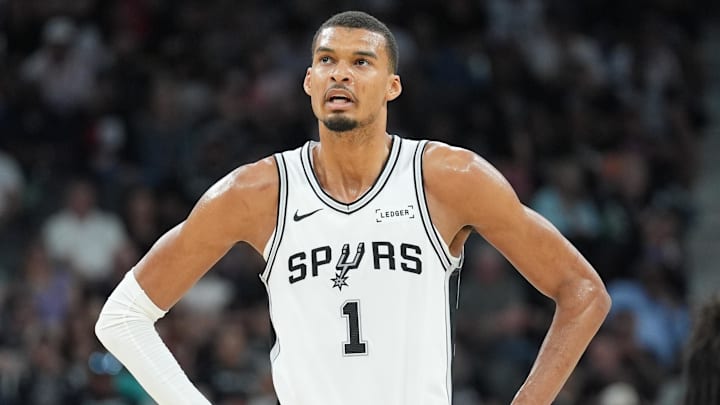 Mar 30, 2026; San Antonio, Texas, USA;  San Antonio Spurs forward Victor Wembanyama (1) looks up in the first half against the Chicago Bulls at Frost Bank Center. Mandatory Credit: Daniel Dunn-Imagn Images