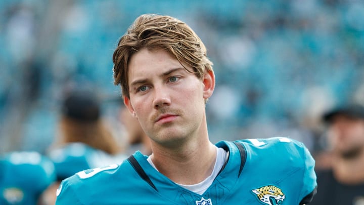 Dec 14, 2025; Jacksonville, Florida, USA; Jacksonville Jaguars kicker Cam Little (39) during the game against the New York Jets at EverBank Stadium. 