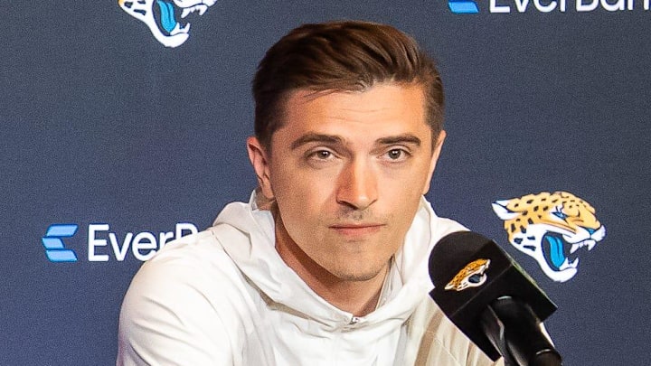 The Jacksonville Jaguars’ first-round pick, Colorado Buffaloes wide receiver and defensive back Travis Hunter, left, answers questions during a press conference Friday, March 25, 2025 at Miller Electric Center in Jacksonville, Fla. with General Manager James Gladstone, right. [Doug Engle/Florida Times-Union]