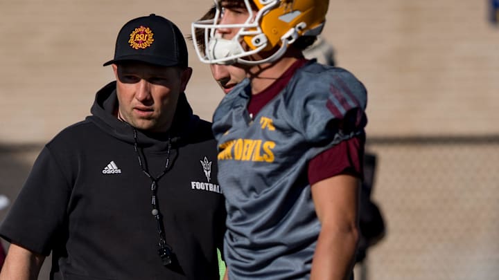 Arizona State head football coach Kenny Dillingham watches as his team practices at Eastwood High School in El Paso, Texas, on Sunday, Dec. 28, 2025, during Sun Bowl week ahead of the Tony the Tiger Sun Bowl.