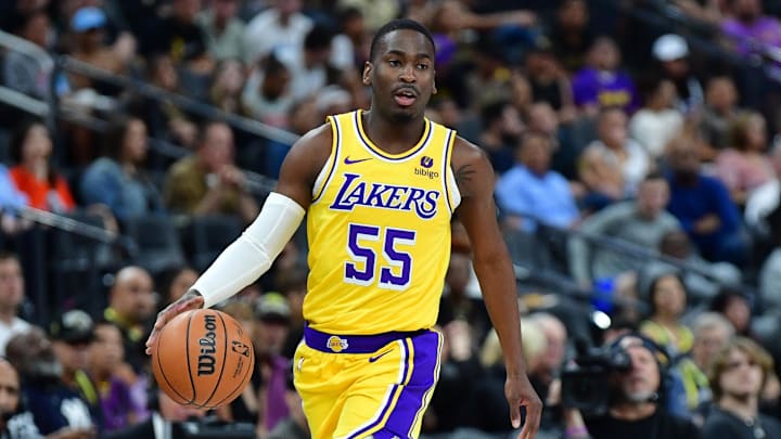 Oct 9, 2023; Las Vegas, Nevada, USA; Los Angeles Lakers guard D'Moi Hodge (55) controls the ball against the Brooklyn Nets during the second half at T-Mobile Arena. Mandatory Credit: Gary A. Vasquez-Imagn Images