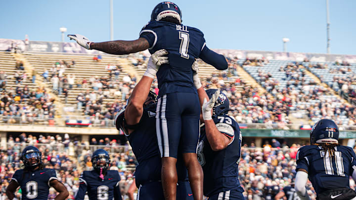 Nov 1, 2025; East Hartford, Connecticut, USA; UConn Huskies wide receiver Skyler Bell (1) celebrates after his touchdown against the UAB Blazers in the first quarter at Pratt & Whitney Stadium at Rentschler Field. Mandatory Credit: David Butler II-Imagn Images