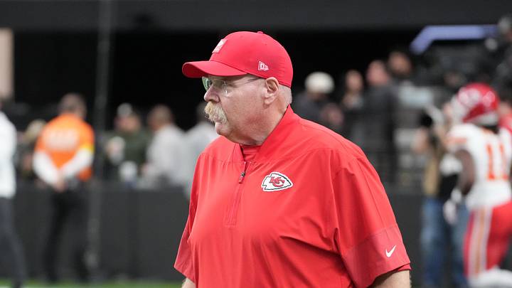 Jan 4, 2026; Paradise, Nevada, USA; Kansas City Chiefs head coach Andy Reid reacts during the game against the Las Vegas Raiders at Allegiant Stadium. Mandatory Credit: Kirby Lee-Imagn Images