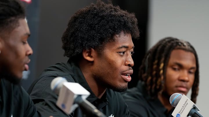 Bearcats new transfer defensive backs (left to right) Kye Stokes, Jared Bartlett and Derrick Canteen take questions during a press conference at the University of Cincinnati s Fifth Third Arena in Cincinnati on Tuesday, Feb. 13, 2024. Bearcats new transfer defensive backs (left to right) Kye Stokes, Jared Bartlett and Derrick Canteen take questions during a press conference at the University of Cincinnati s Fifth Third Arena in Cincinnati on Tuesday, Feb. 13, 2024.