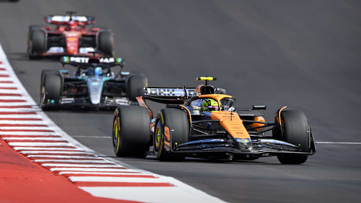 Oct 19, 2024; Austin, Texas, USA; McLaren Formula 1 Team driver Lando Norris (4) of Team Great Britain drives during the Sprint Race in the 2024 Formula One US Grand Prix at Circuit of the Americas. Mandatory Credit: Jerome Miron-Imagn Images