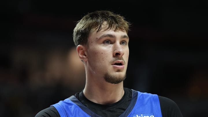 Jul 12, 2025; Las Vegas, NV, USA; Dallas Mavericks forward Cooper Flagg (32) looks on against the San Antonio Spurs in the second quarter of their game at Thomas & Mack Center. Mandatory Credit: Candice Ward-Imagn Images Jul 12, 2025; Las Vegas, NV, USA; Dallas Mavericks forward Cooper Flagg (32) looks on against the San Antonio Spurs in the second quarter of their game at Thomas & Mack Center. Mandatory Credit: Candice Ward-Imagn Images