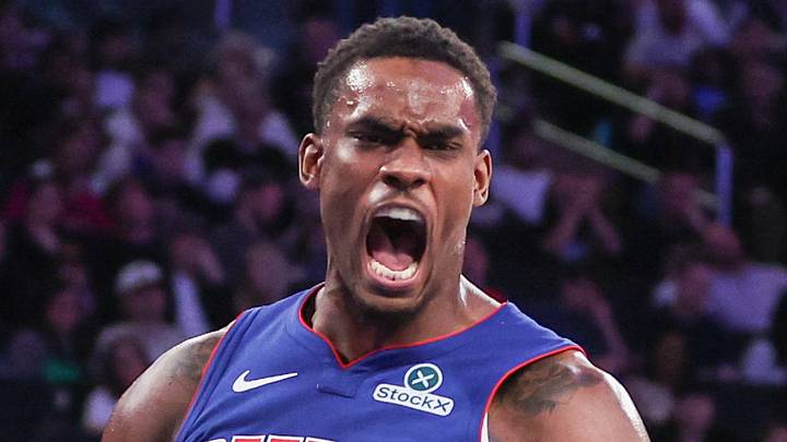 Apr 19, 2025; New York, New York, USA; Detroit Pistons center Jalen Duren (0) reacts after scoring against the New York Knicks in Game One of the First Round of the NBA Playoffs at Madison Square Garden. Mandatory Credit: Wendell Cruz-Imagn Images