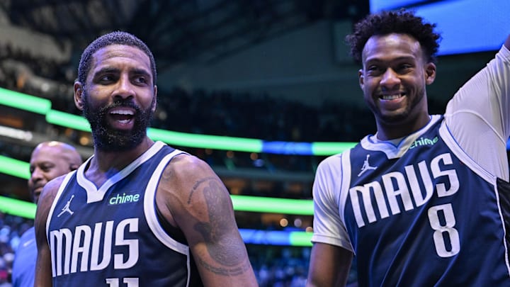 Feb 12, 2025; Dallas, Texas, USA; Dallas Mavericks guard Kyrie Irving (11) and forward Olivier-Maxence Prosper (8) walk off the court after the Mavericks defeat the Golden State Warriors at the American Airlines Center. Mandatory Credit: Jerome Miron-Imagn Images Feb 12, 2025; Dallas, Texas, USA; Dallas Mavericks guard Kyrie Irving (11) and forward Olivier-Maxence Prosper (8) walk off the court after the Mavericks defeat the Golden State Warriors at the American Airlines Center. Mandatory Credit: Jerome Miron-Imagn Images