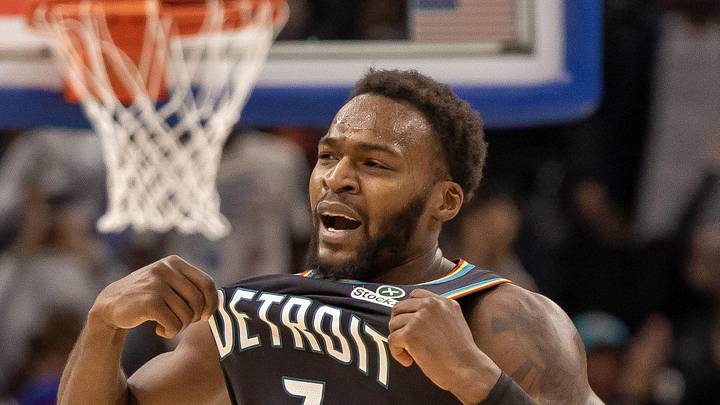 Nov 12, 2025; Detroit, Michigan, USA; Detroit Pistons forward Paul Reed (7) runs up court after his dunk against the Chicago Bulls during the second half at Little Caesars Arena. Mandatory Credit: David Reginek-Imagn Images