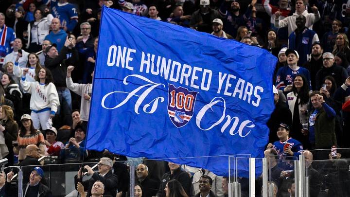 Nov 16, 2025; New York, New York, USA; General view of a flag being waved by New York Rangers staff during the second period against the Detroit Red Wings at Madison Square Garden. Nov 16, 2025; New York, New York, USA; General view of a flag being waved by New York Rangers staff during the second period against the Detroit Red Wings at Madison Square Garden.