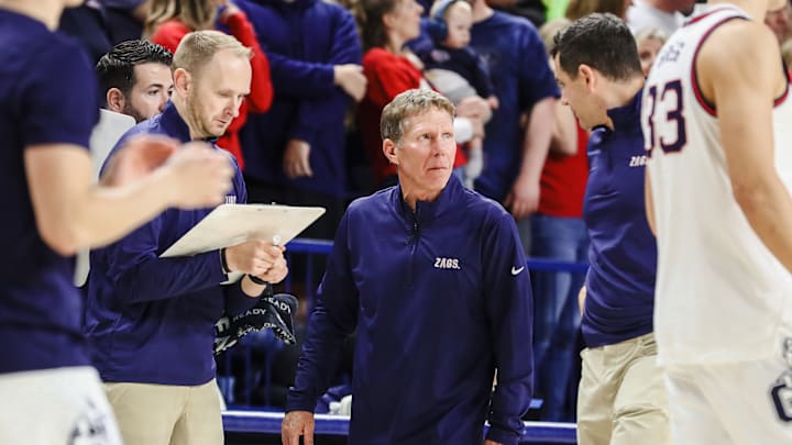 Gonzaga Bulldogs assistant Stephen Gentry (left), head coach Mark Few (center) and assistant Brian Michaelson (right).