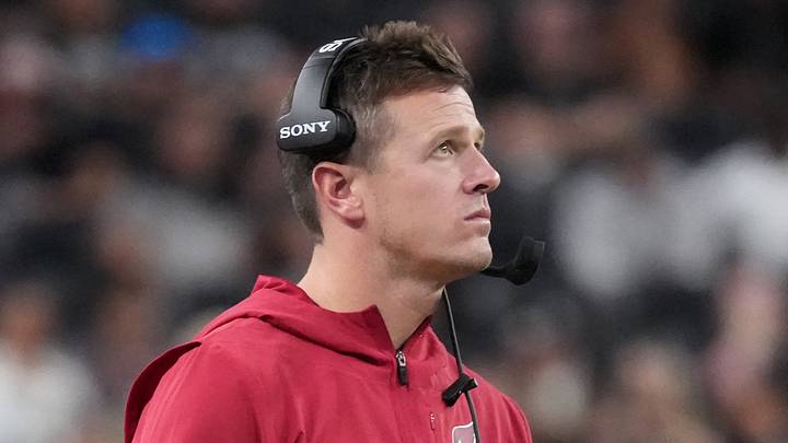 Aug 13, 2026; Paradise, Nevada, USA; Arizona Cardinals head coach Mike LaFleur watches from the sidelines against the Las Vegas Raiders in the second half at Allegiant Stadium. Mandatory Credit: Kirby Lee-Imagn Images