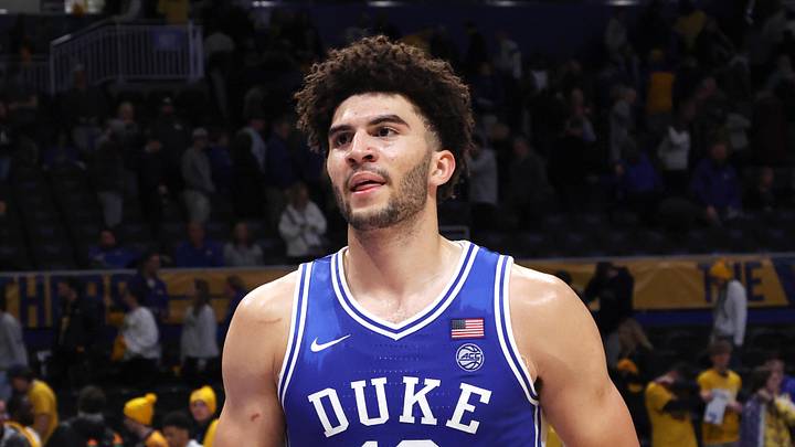 Feb 10, 2026; Pittsburgh, Pennsylvania, USA;  Duke Blue Devils forward Cameron Boozer (12) exits the court after defeating the Pittsburgh Panthers at Petersen Events Center. Mandatory Credit: Charles LeClaire-Imagn Images