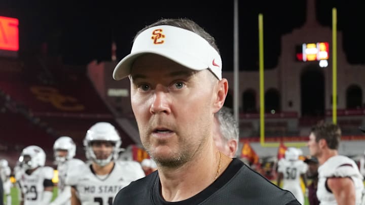 Aug 30, 2025; Los Angeles, California, USA; Southern California Trojans head coach Lincoln Riley reacts after the game against the Missouri State Bears at United Airlines Field at Los Angeles Memorial Coliseum. Mandatory Credit: Kirby Lee-Imagn Images