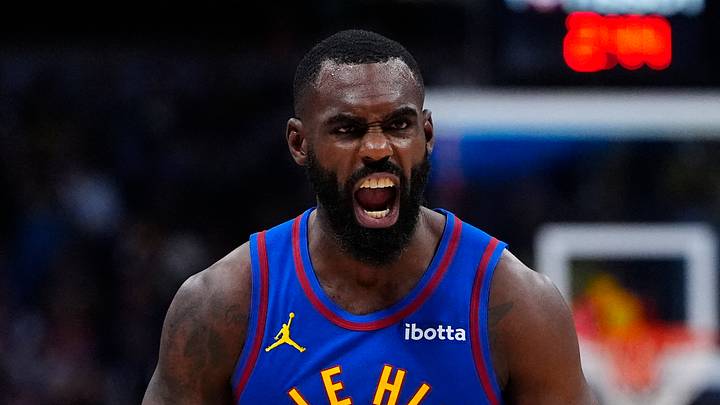 Mar 22, 2026; Denver, Colorado, USA; Denver Nuggets guard Tim Hardaway Jr. (10) reacts in the second half against the Portland Trail Blazers at Ball Arena. Mandatory Credit: Ron Chenoy-Imagn Images