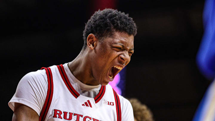 Jan 13, 2025; Piscataway, New Jersey, USA; Rutgers Scarlet Knights guard Ace Bailey (4) celebrates during the second half against the UCLA Bruins at Jersey Mike's Arena. Mandatory Credit: Vincent Carchietta-Imagn Images Jan 13, 2025; Piscataway, New Jersey, USA; Rutgers Scarlet Knights guard Ace Bailey (4) celebrates during the second half against the UCLA Bruins at Jersey Mike's Arena. Mandatory Credit: Vincent Carchietta-Imagn Images