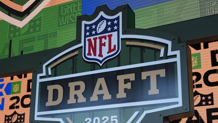  A general overall view of the 2025 NFL Draft logo on the Draft stage at Lambeau Field.  