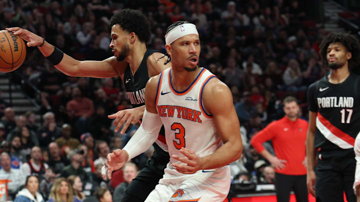 Jan 11, 2026; Portland, Oregon, USA; New York Knicks guard Josh Hart (3) reacts after scoring over Portland Trail Blazers forward Toumani Camara (33) during the second half at Moda Center. Mandatory Credit: Jaime Valdez-Imagn Images