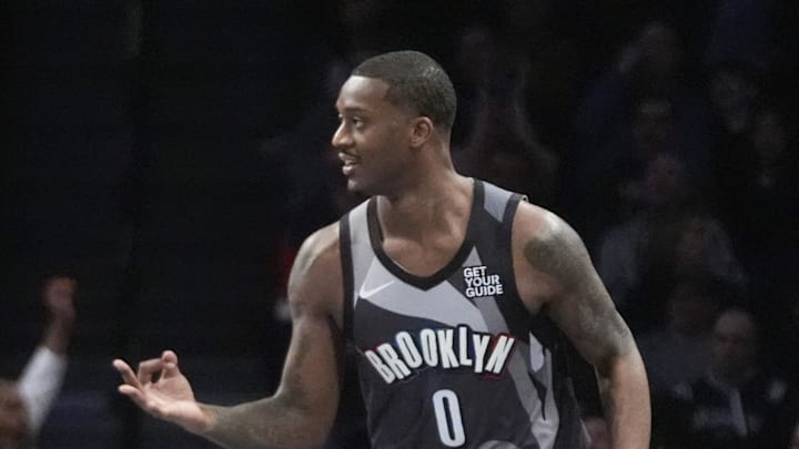 Apr 6, 2025; Brooklyn, New York, USA; Brooklyn Nets forward Dariq Whitehead (0) reacts to making a three point shot against the Toronto Raptors during the first half at Barclays Center. Mandatory Credit: Gregory Fisher-Imagn Images Apr 6, 2025; Brooklyn, New York, USA; Brooklyn Nets forward Dariq Whitehead (0) reacts to making a three point shot against the Toronto Raptors during the first half at Barclays Center. Mandatory Credit: Gregory Fisher-Imagn Images