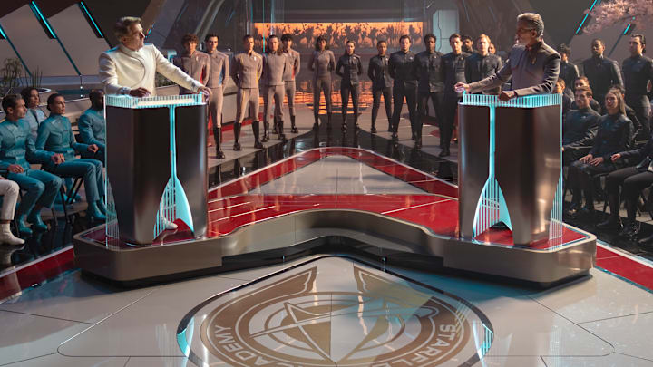 L-R: Romeo Carere, Anthony Natale and Oded Fehr in season 1, episode 2 of Star Trek: Starfleet Academy streaming on Paramount+. Photo Credit: Brooke Palmer/Paramount+