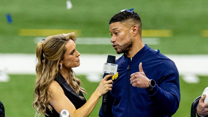 Jan 2, 2025; New Orleans, LA, USA;  Notre Dame Fighting Irish head coach Marcus Freeman is announced to fans after defeating the Georgia Bulldogs after the game at Caesars Superdome. 