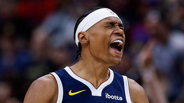 Mar 25, 2026; Denver, Colorado, USA; Denver Nuggets guard Peyton Watson (8) reacts after a play in the fourth quarter against the Dallas Mavericks at Ball Arena. Mandatory Credit: Isaiah J. Downing-Imagn Images