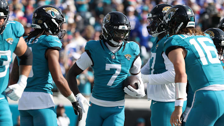 Jan 11, 2026; Jacksonville, FL, USA; Jacksonville Jaguars wide receiver Brian Thomas Jr. (7) reacts after scoring a touchdown during the first half against the Buffalo Bills in an AFC Wild Card Round game at EverBank Stadium. Mandatory Credit: Nathan Ray Seebeck-Imagn Images