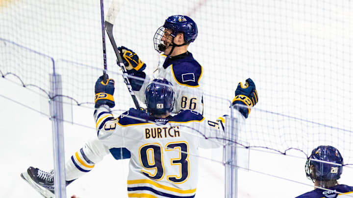 Augustana sophomore forward Nace Langus celebrates after scoring against Omaha on Dec. 19, 2025. Augustana sophomore forward Nace Langus celebrates after scoring against Omaha on Dec. 19, 2025.
