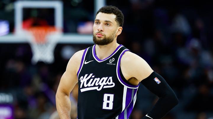 Jan 20, 2026; Sacramento, California, USA; Sacramento Kings guard Zach LaVine (8) looks on against the Miami Heat during the third quarter at Golden 1 Center. Mandatory Credit: Sergio Estrada-Imagn Images